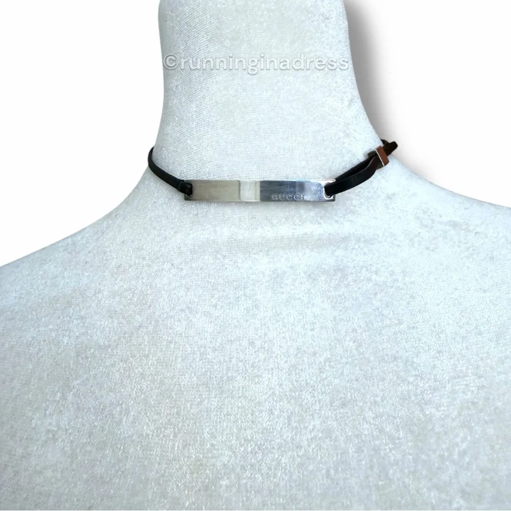 Authentic Y2K Gucci Sterling & Leather Silver Logo Bar Choker Wrap Bracelet